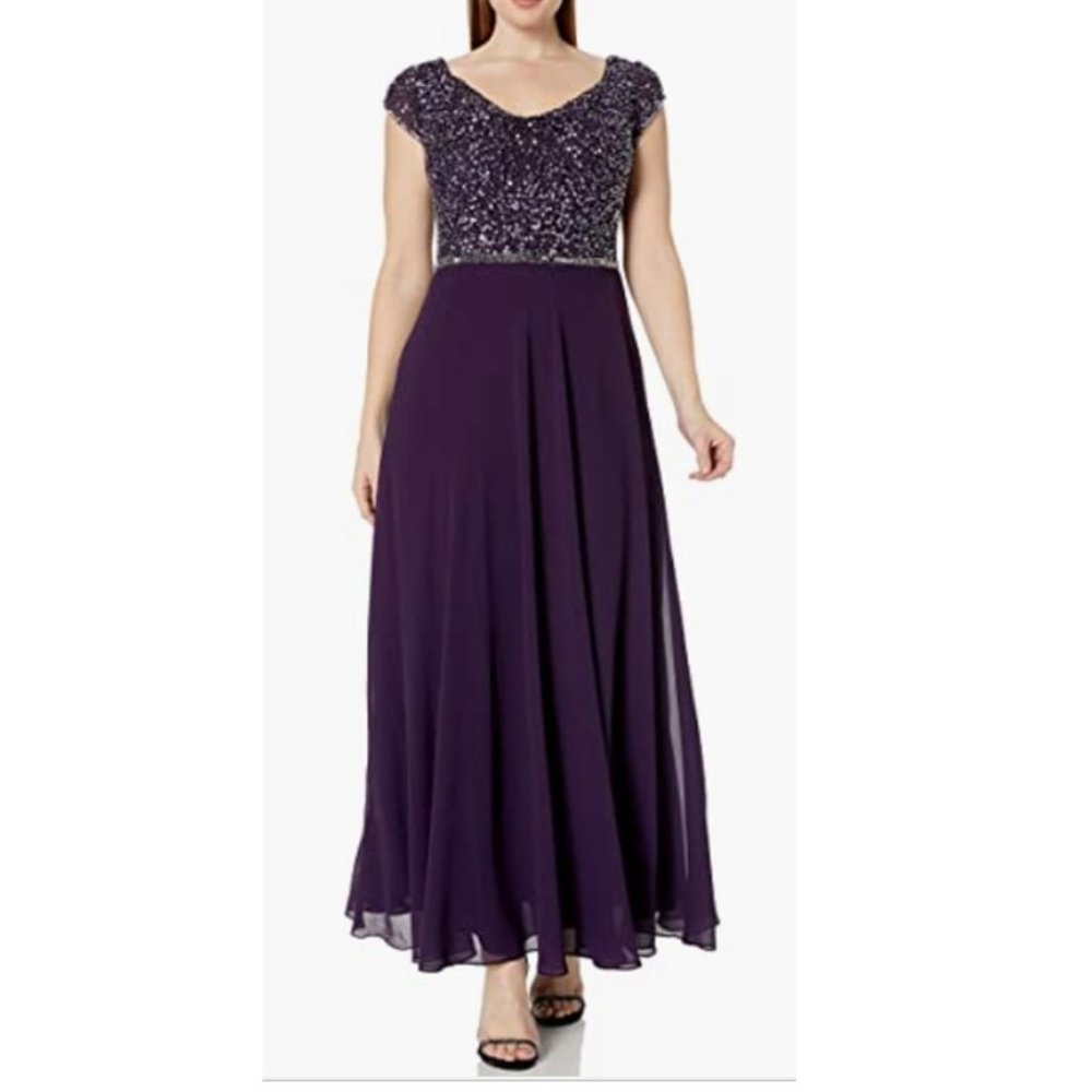 J Kara Beaded Empire Waist Purple Gown